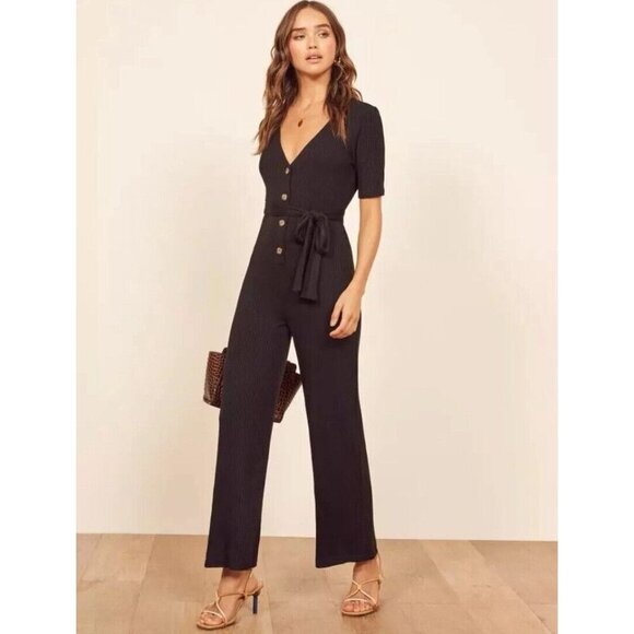 REFORMATION Jeans Black Camille Ribbed Knit Button V-Neck Stretchy Jumpsuit XS - Picture 1 of 13